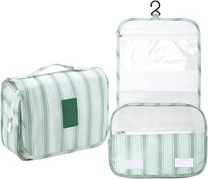 Hanging Toiletry Bag Sage Green Stripe Travel Toiletry Bag Toiletries Travel Bags with Hook and Handle for Makeup Shampoo Toothbrush Storage, Camping Trips Vacations Women Girls Teens Gift