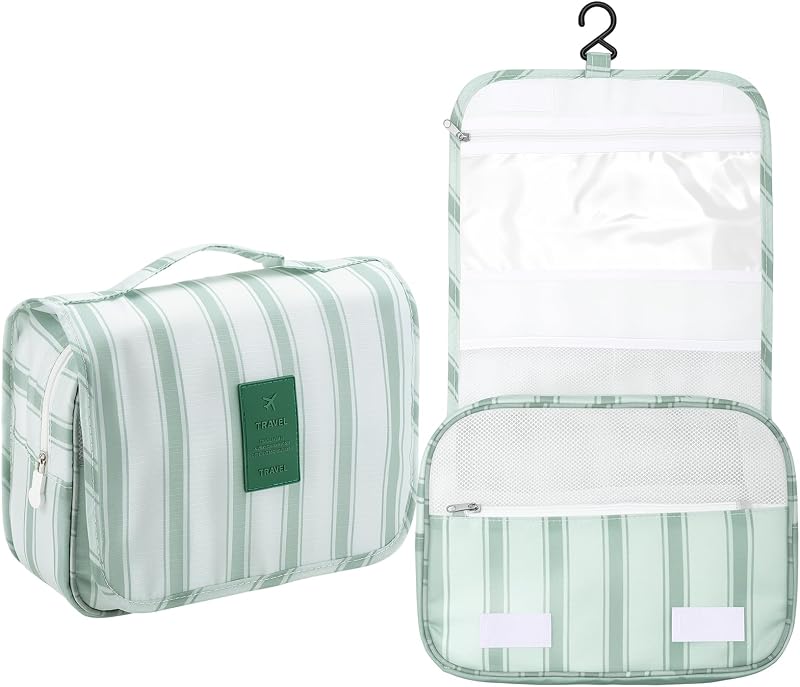 Neceser colgante para mujer, bolsa de playa de verano de viaje verde salvia portátil | 4 compartimentos, gancho para colgar, bolsa de baño con asa para acampar, nailon impermeable, diseño plegable, abierto de 9,4x3,5x18 pulgadas