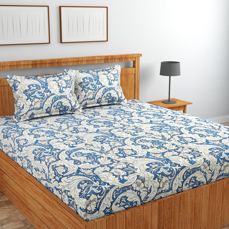 Image of NHD HOME Premium Cotton Flat Double Bedsheets with 2 King Size Pillow Covers | Double Bed Breathable | Wrinklefree | Ultrasoft 220 tc Supersoft Floral | 90x90 Inches, Blue & White