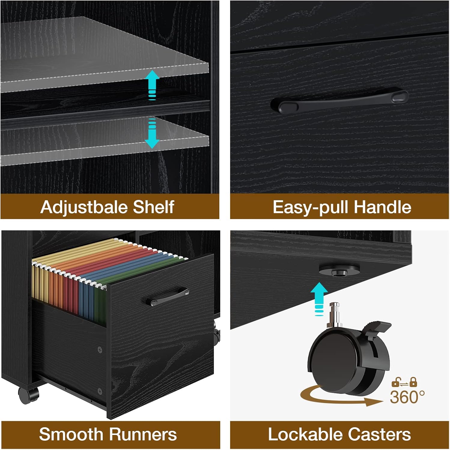 Seventable 3-Drawer File Cabinet, Mobile Lateral Printer Stand with Open Storage Shelf, Rolling Filing Cabinet with Wheels for A4/Letter Size, Black : Office Products