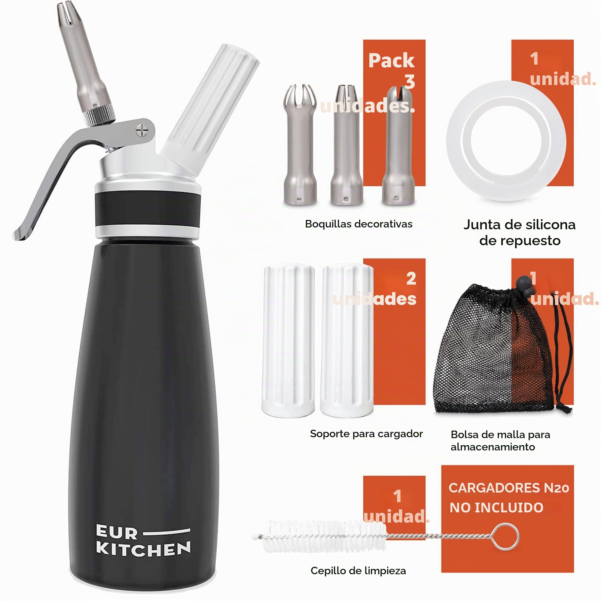 EurKitchen Dispensador de Nata Profesional en Aluminio - Sifón de Cocina Antigoteo con 3 Boquillas Decorativas y Cepillo de Limpieza – Sifón de Cocina Espumas de 500 ml – Cartucho Gas N2O No Incluido
