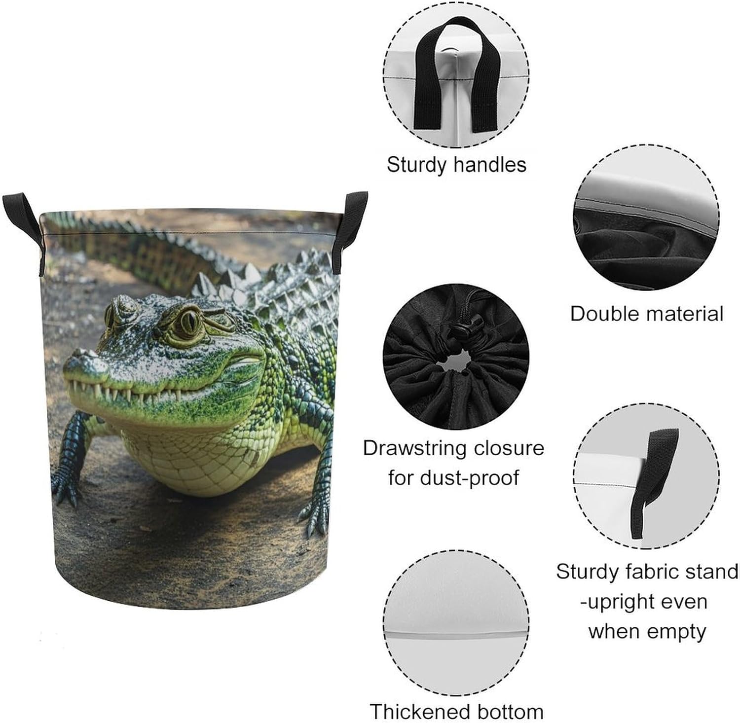 Crocodile Green Laundry Bag Large Collapsible Laundry Baskets Freestanding Waterproof Clothes Hamper with Handles & Drawstring for Laundry Room Bedroom Bathroom