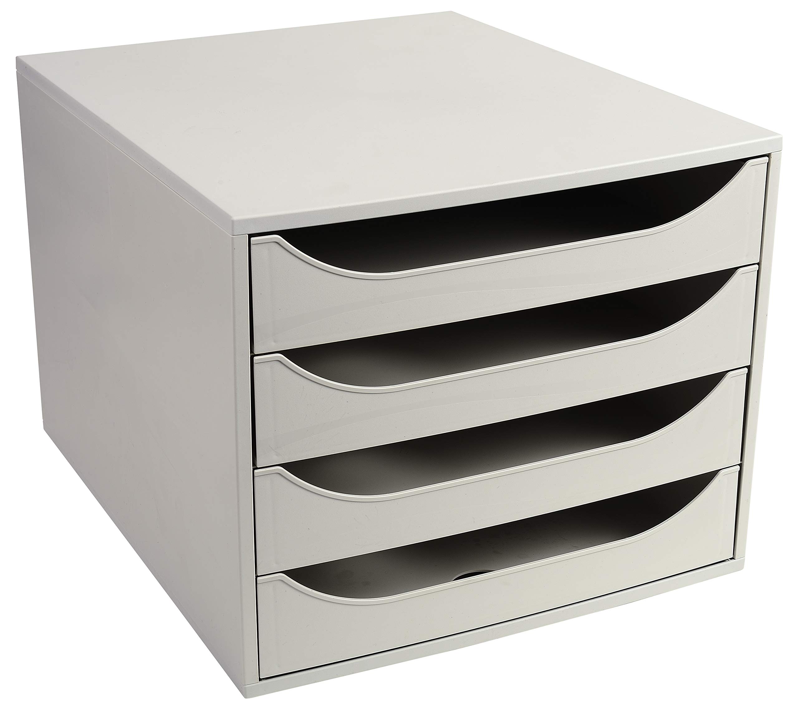 Exacompta 228606D Szafka na dokumenty Office ECOBOX, A4+, 4 otwarte szuflady, wytrzymała i praktyczna szafka o dużej pojemności dla większej ilości miejsca na biurku 1 sztuka kolor szary