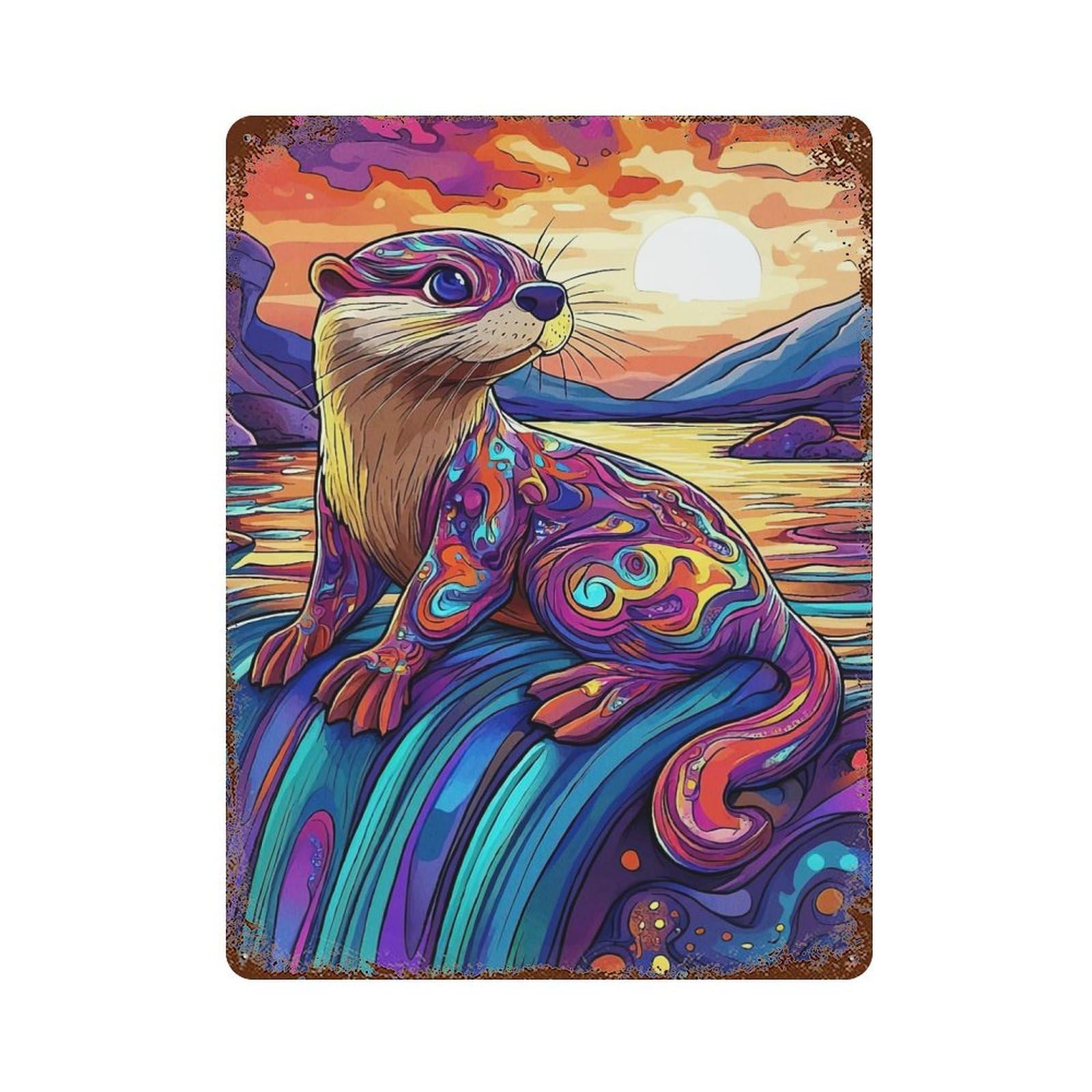 Vintage Rust Metal Sign with Psychedelic Otter Waterfall Sunset Design 15.7"x11.8", for Shed, Workshop And Garage Wall Decor, Classic Wall Plaque