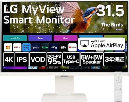 LG Smart Monitor / 32SR83U-W/LG MyView Smart Monitor / 31.5" 4K /webOS 23 / IPS/DCI-P3 95% / Anti-Glare / 5W+5W Speaker / AirPlay2 /Miracast/USB Type-C USB PD up to 65W / Slim Design / Tuner TV /