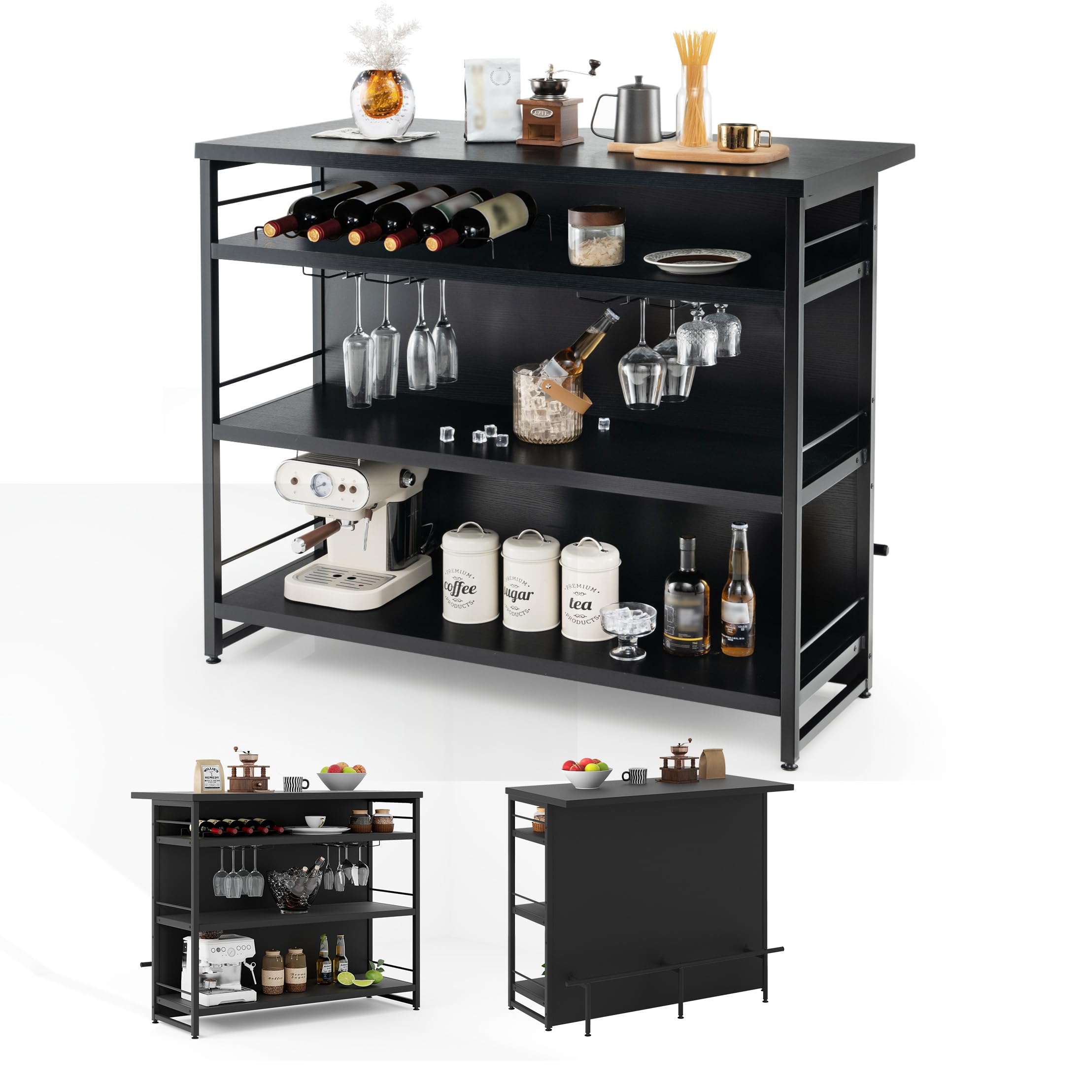 KOMFOTTEU Mesa Alta de Bar para Cocina, Mesa Barra de 4 Niveles con Botellero y Soporte para Cristal, Mueble de Comedor con Reposapiés, 120 x 60 x 101 cm (Negro)