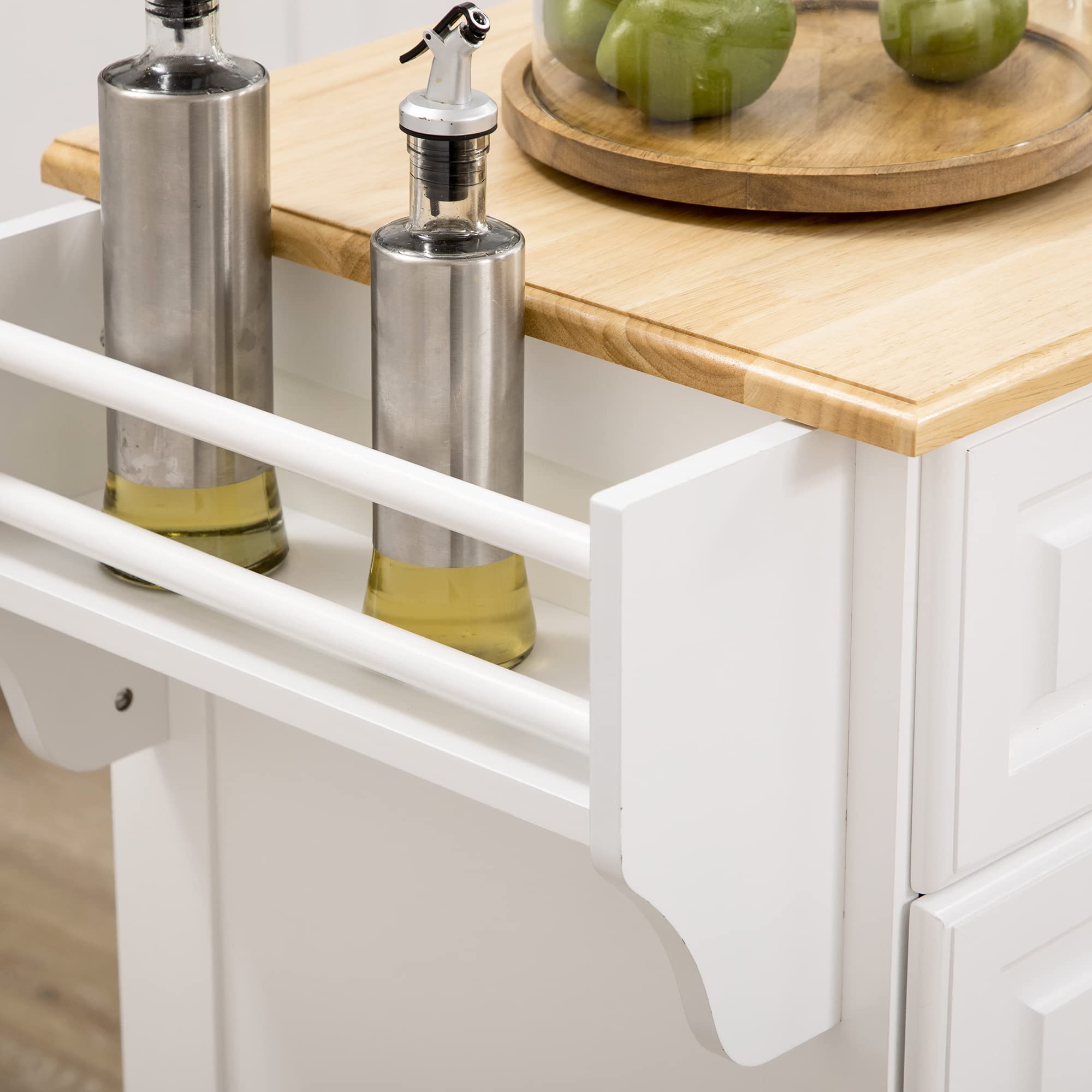 HOMCOM Ilot de Cuisine Chariot de Cuisine à roulettes Desserte Polyvalent avec 2 tiroirs 3 Portes Porte-Serviettes et Porte-épices pour Salle à Manger dim. 110L x 45l x 91H cm Blanc