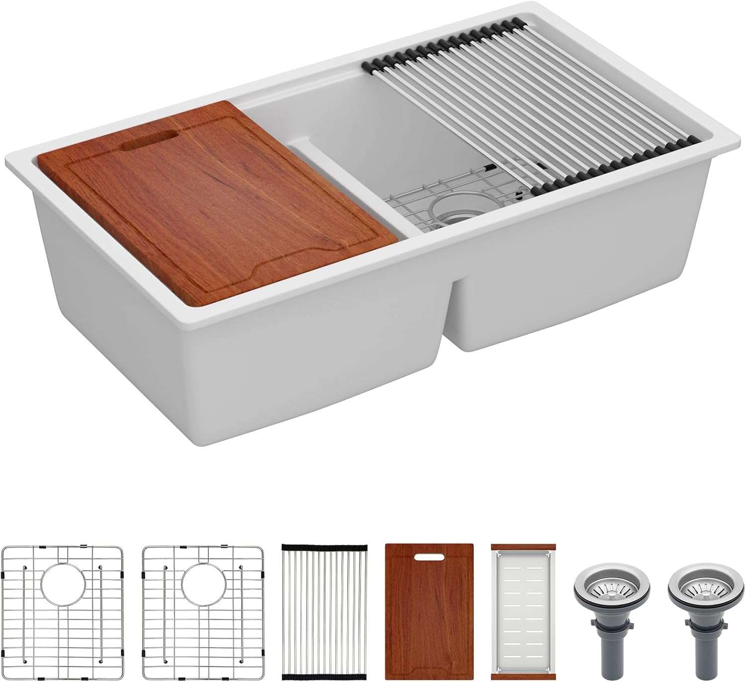33 Inch Granite Composite Kitchen Sink-33x19 Inch White Undermount Kitchen Sink 50/50 Double Bowl Quartz Sink Under-Mount Workstation Classic Composite Under Counter Sink Basin