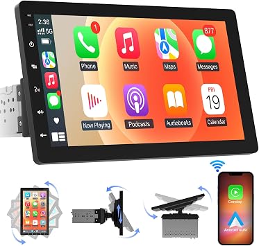Single Din Wireless CarPlay Stereo 10.1"Rotatable Android Auto Touchscreen | Android 2G+64G GPS Tracking WiFi Dual USB Mirrorlink Bluetooth AM FM Radio Backup Camera Input