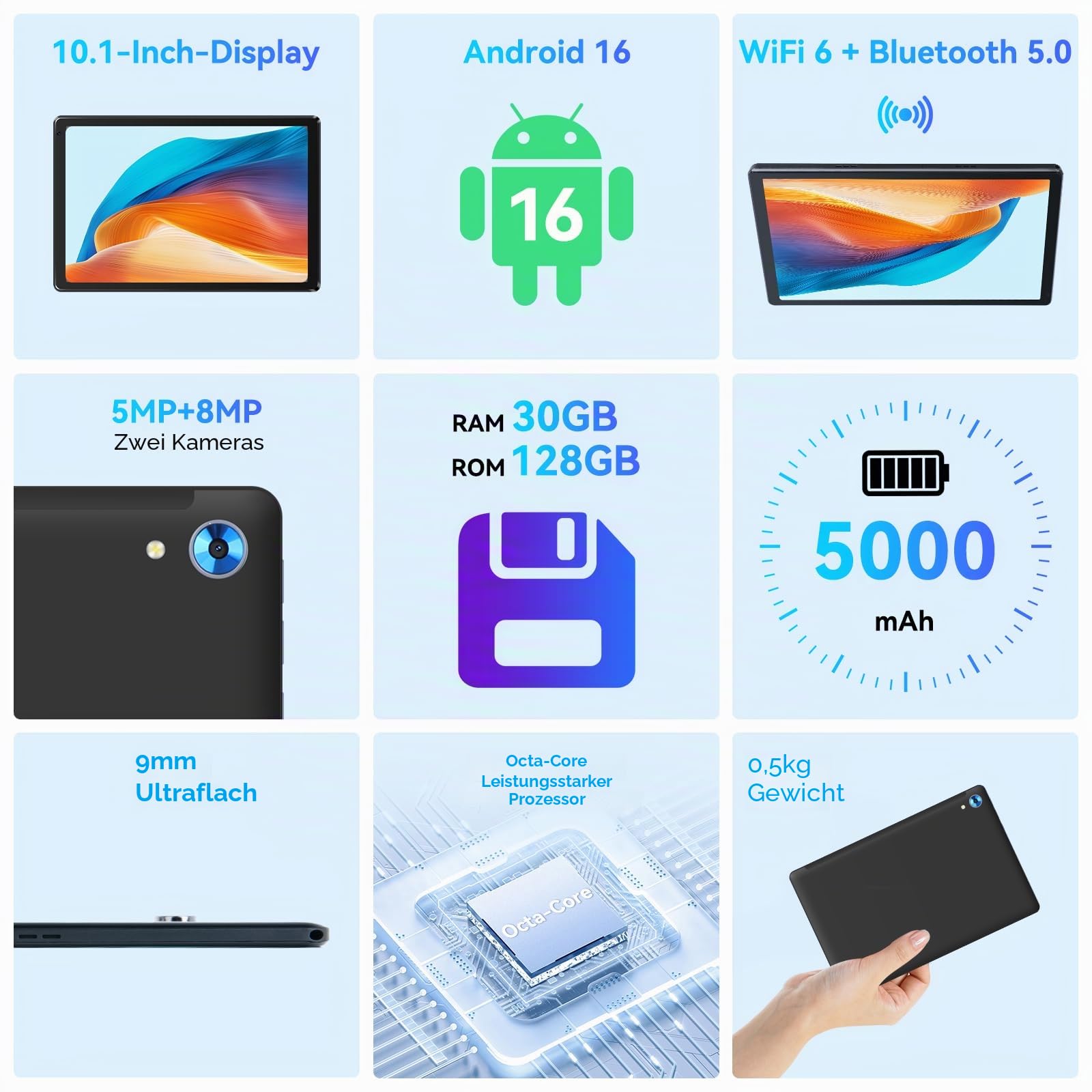 Whitedeer Tablet, Tablet 10 Zoll, Android Tablet mit 30GB RAM 128GB ROM, Octa-Core, HD IPS Touchscreen, 5000mAh Akku, WiFi 6, Bluetooth 5.0, Dual Kamera, Face ID, Google-Zertifiziert, Schwarz