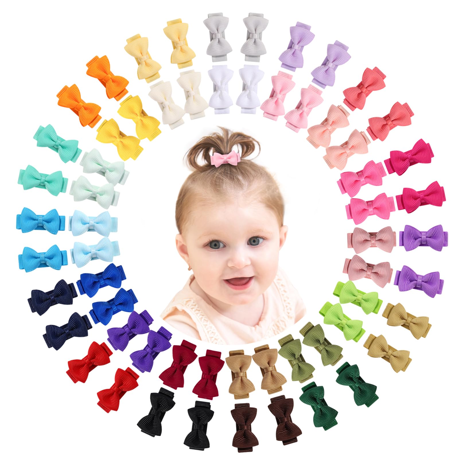 Mini Fully Lined Grosgrain Ribbon Hair Bows Clips for Girls - 1.2" Tiny Bows for Fine Infant Hair, 60PCS (30 Colors in Pairs)