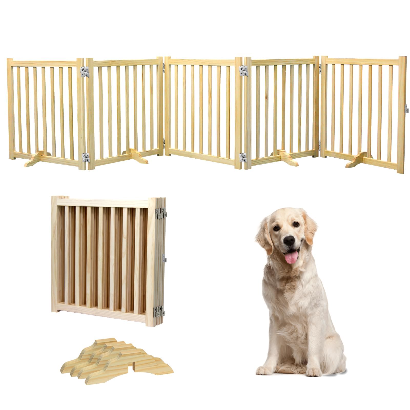HEEOREV 木製ペットゲート ペットゲート 犬用ゲート ベビーゲート 303cmx60cm （5枚パネル） （木の色）折り畳み式ゲート 柵 犬 ゲート 安全柵 猫 ドアフェンス 猫 大型犬 脱走防止 軽量 ペット保護 取り付け簡単 場所を取らない 収納しやすい 省スペース 階段 廊下 出入り口 玄関 室内外