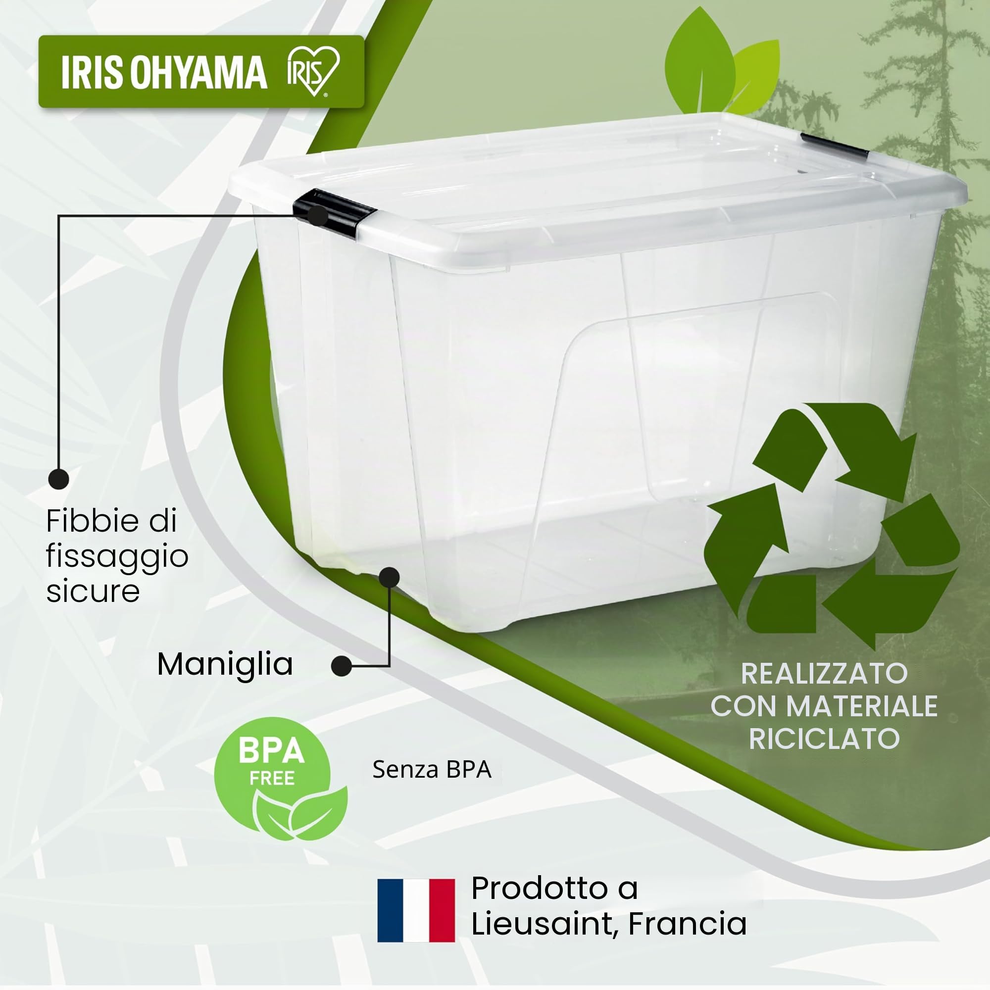 Iris Ohyama, Scatola portaoggetti in plastica con coperchio, 55 l, confezione da 3, trasparente, 98% in plastica riciclata, clip di chiusura, maniglia, impilabile, per camera, spogliatoio, ufficio
