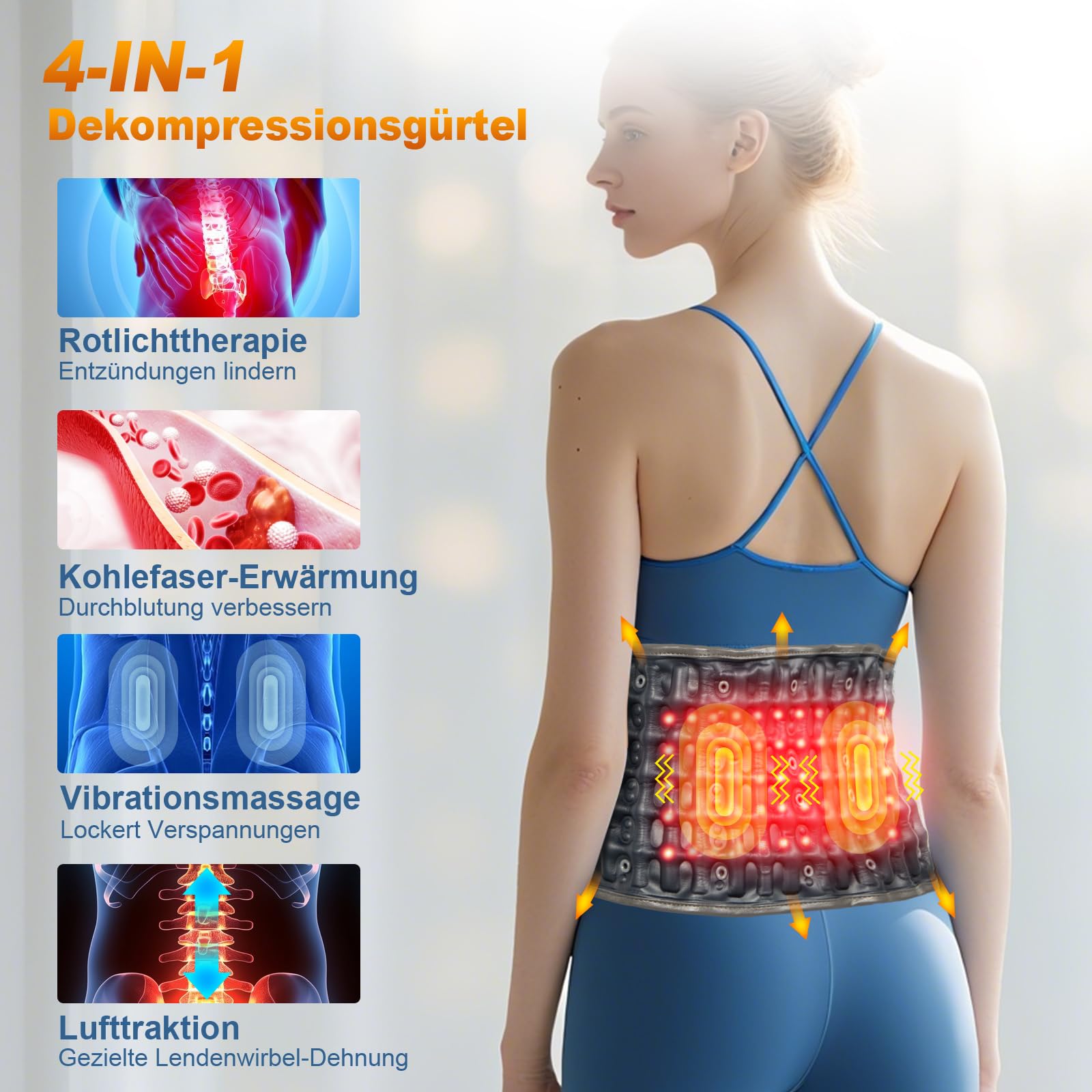 HONGJING Beheizter Dekompressions-Rückengurt mit Rotlicht-Heizung & Massage, Aufblasbare Lendenwirbelstütze für Schmerzen im unteren Rückenbereich, Passend für 29-49 Taille, blau