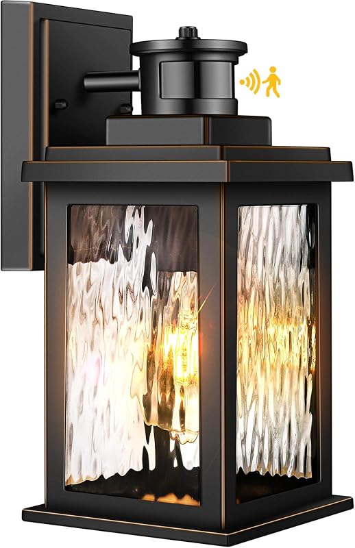 VIANIS Motion Sensor Outdoor Light Wall Mount, Black Exterior Light Fixture | 100% Aluminum, Dusk to Dawn Black Wall Sconce Lanterns with Water Glass, Waterproof Porch Light Outside Wall Lights for House