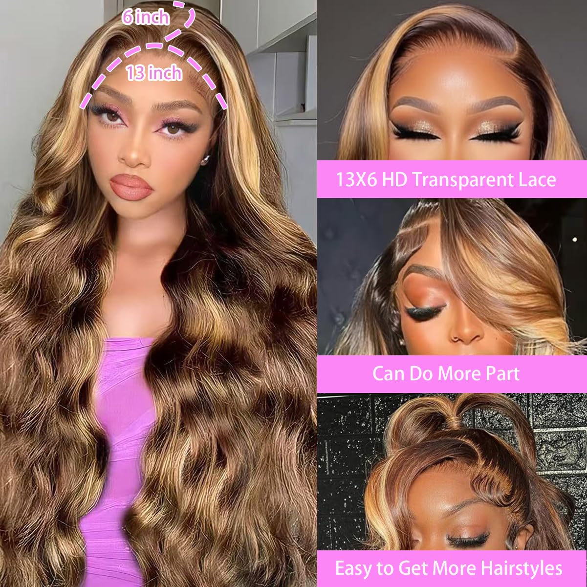 22Inch Highlight Body Wave Lace Front Wigs Human Hair Honey Blond Ombre Wigs 220 Density 13x6 HD Deep Wave Wigs Human Hair Pre Plucked 4/27 Deep Curly Colored Glueless Wigs for Black Women