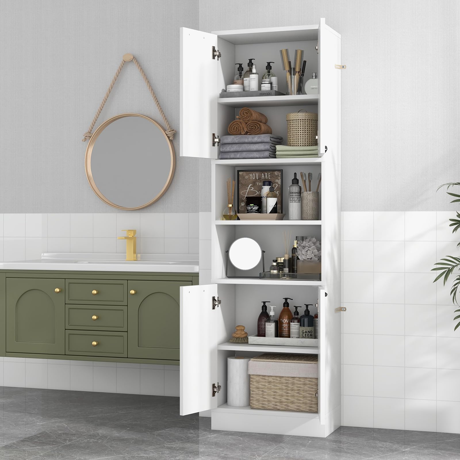 GIANTEX Credenza da Cucina Alta 190 cm con 4 Ante, 2 Scomparti Aperti e 6 Ripiani, 4 Kit Antiribaltamento, Armadio Portaoggetti per Cucina e Bagno