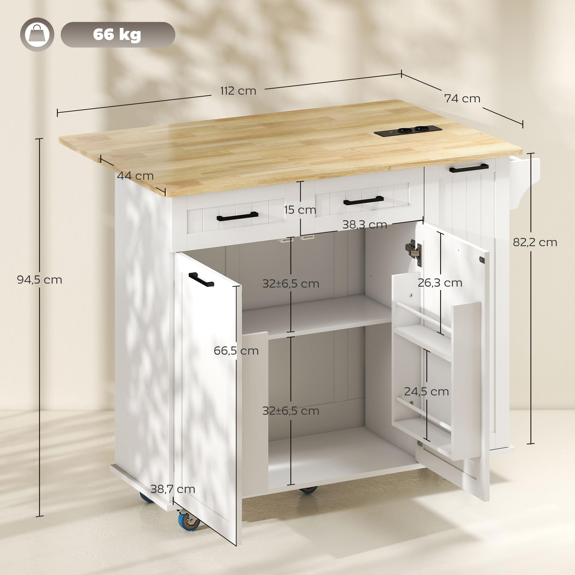 HOMCOM Isla de Cocina con Ruedas y Toma USB, Tablero Plegable, Blanco | Carro de Cocina, 2 Cajones, 2 Puertas, Estante Ajustable, Especiero, Toallero, 119,5x74x94,5 cm