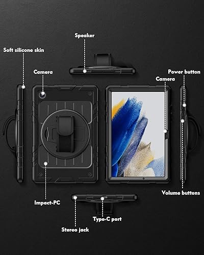 Miniatura 6 de Funda para Samsung Galaxy Tab A8 de 10.5 pulgadas, a prueba de golpes soporte giratorio correa de mano y correa de hombro Funda para tableta Samsung