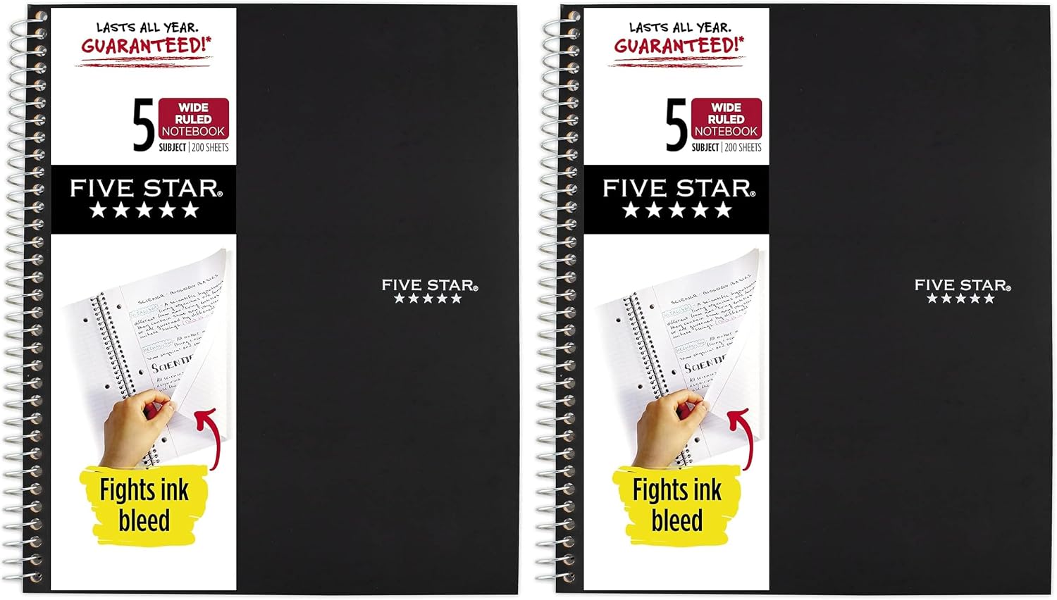Five Star Spiral Notebook, 5 Subject, Wide Ruled Paper, Fights Ink Bleed, Water Resistant Cover, 8" x 10-1/2", 200 Sheets, Color Will Vary (05206) image 2