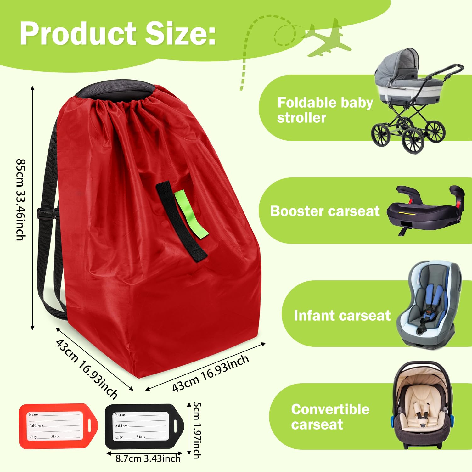 Car Seat Bags For Airplane Travel, Durable Carseat Cover For Air Travel Car Seat Travel Bag with Shoulder Straps and 2pcs Luggage Tags For Airplane, Red