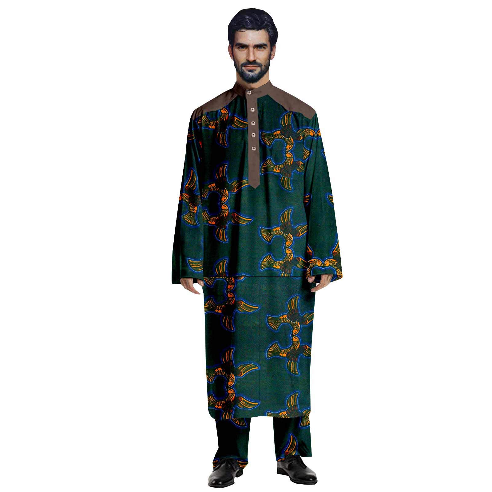 private afripride African Outfits for Men Dashiki Long Coats and Ankara Pants Suit Outwear Agbada Robe Plus Size Casual Wear