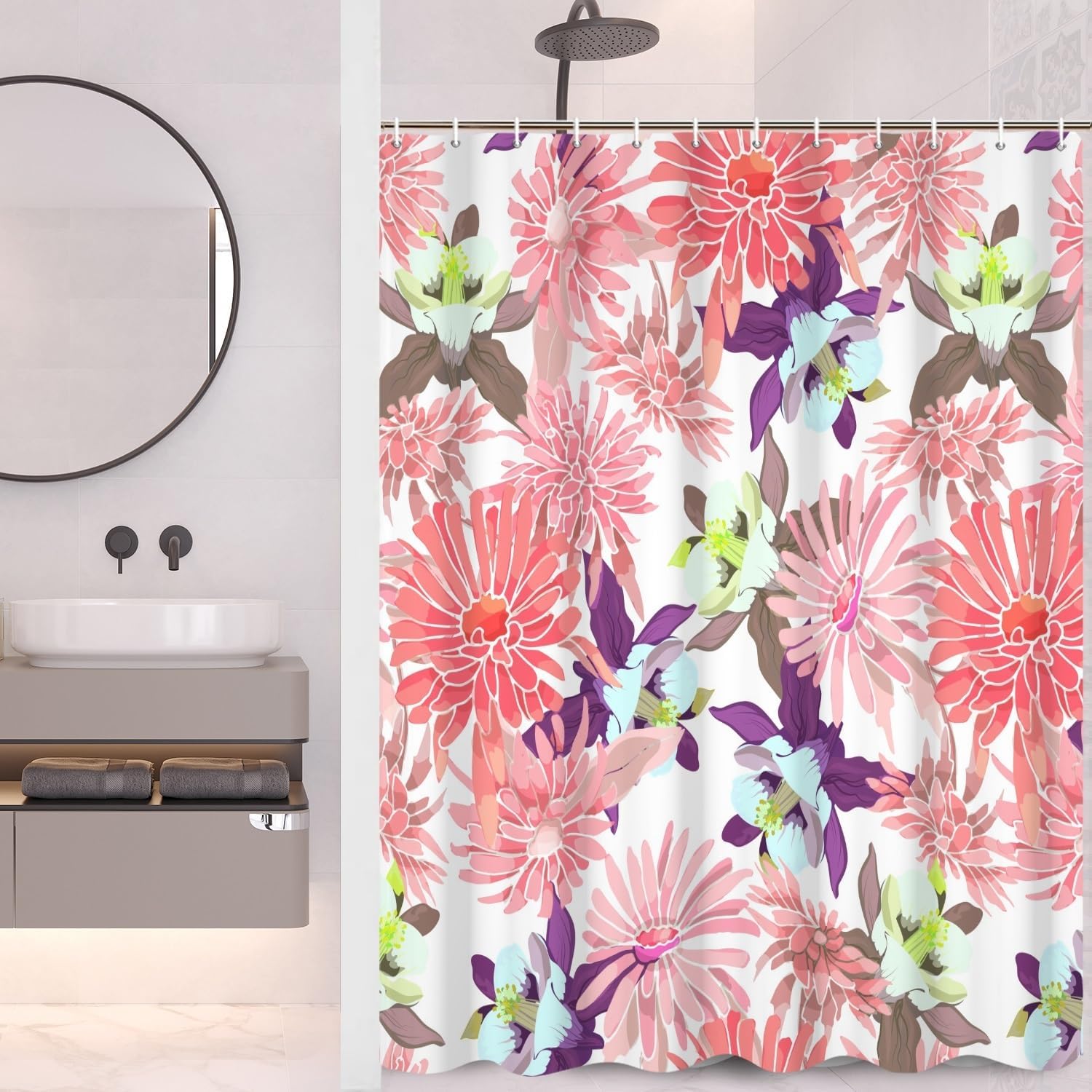 Pink Floral Shower Curtain 72x72 Inch Watercolor Chrysanthemum Purple Blossom Flowers Bath Curtain for Women Girly Bathroom Decor Fabric Polyester Waterproof Shower Curtains
