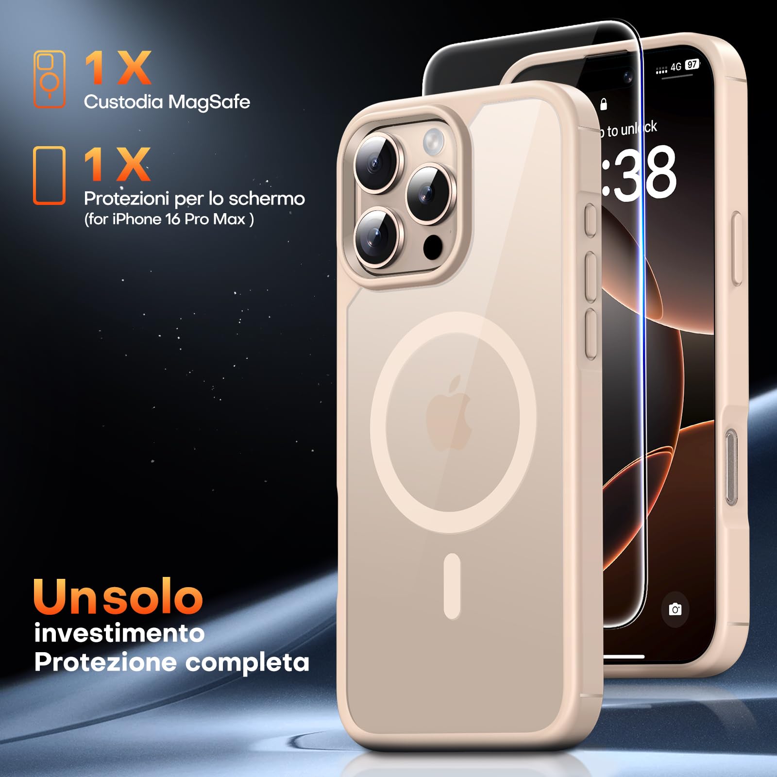 TAURI Magnetica Cover per iPhone 16 Pro Max [Compatibile con MagSafe] con Pellicola in Vetro Temperato, Custodia Rigida per Sottile Anticaduta - Oro Scuro