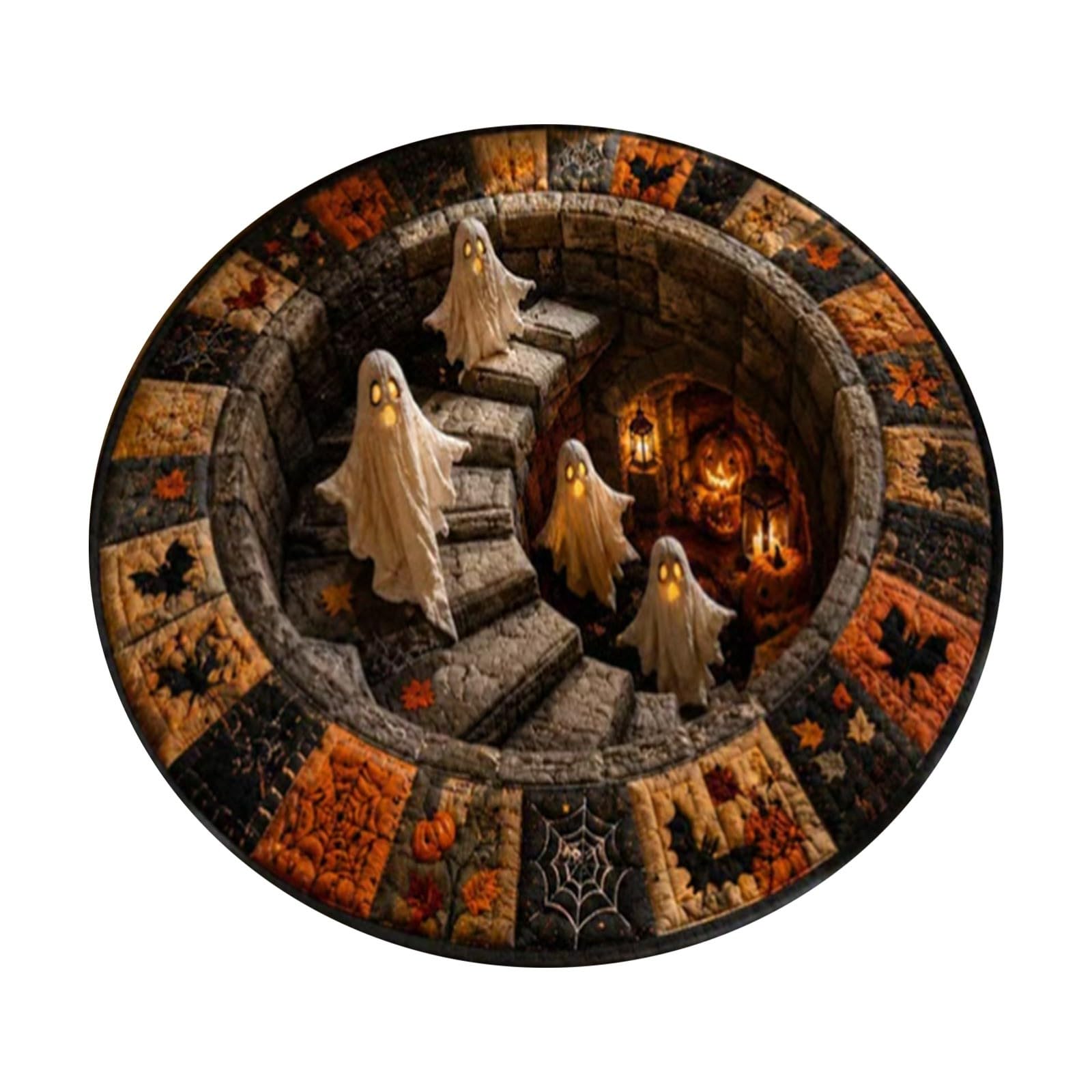 3D Halloween Rug Novelty Ghost Skeleton Halloween Optical Illusion Rug 80x80cm 3D Haunted Staircase Round Rugs Candy Corn Abyss Quilted Round Mat with Spooky Depth Design for Home Bedroom Party Decor