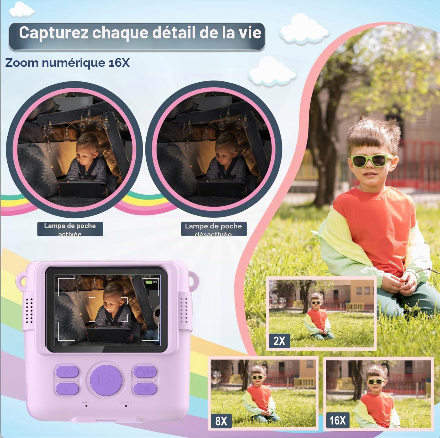 Appareil Photo Enfant Instantanée - 2,4" HD 1080P - avec Carte SD 32 GB, 5 Marqueurs, Autocollants, 5 Rouleaux de Papier, Pendentif. Appareil Photo Enfants et Filles de 3 à 14 Ans.