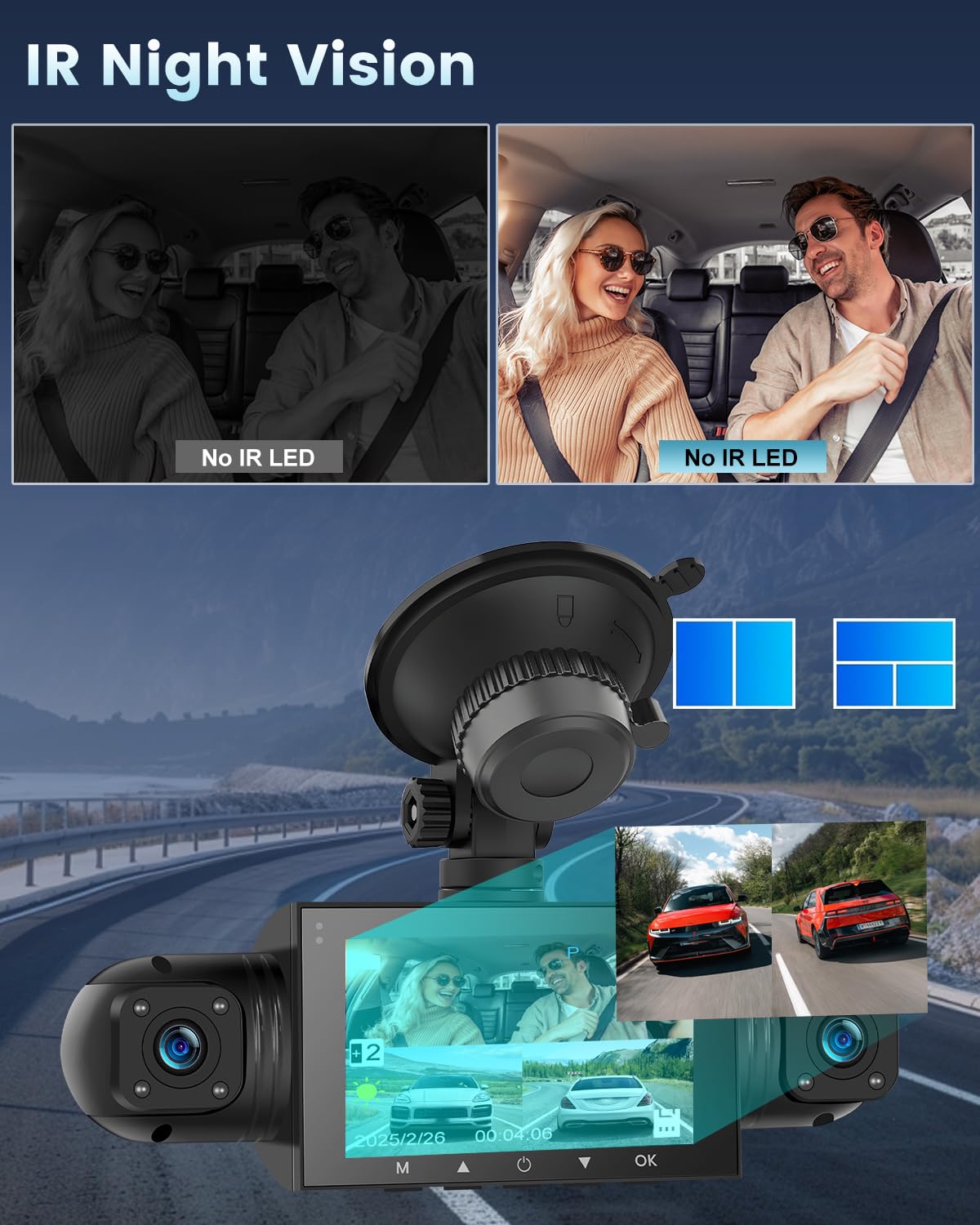 NHOPEEW 4 canali Dash Cam anteriore e posteriore - 1080P Dashcam con 360°Camera - 3 pollici schermo IPS con Registrazione in loop con sensore G Monitoraggio parcheggio 24 ore su 24 con visione nottura