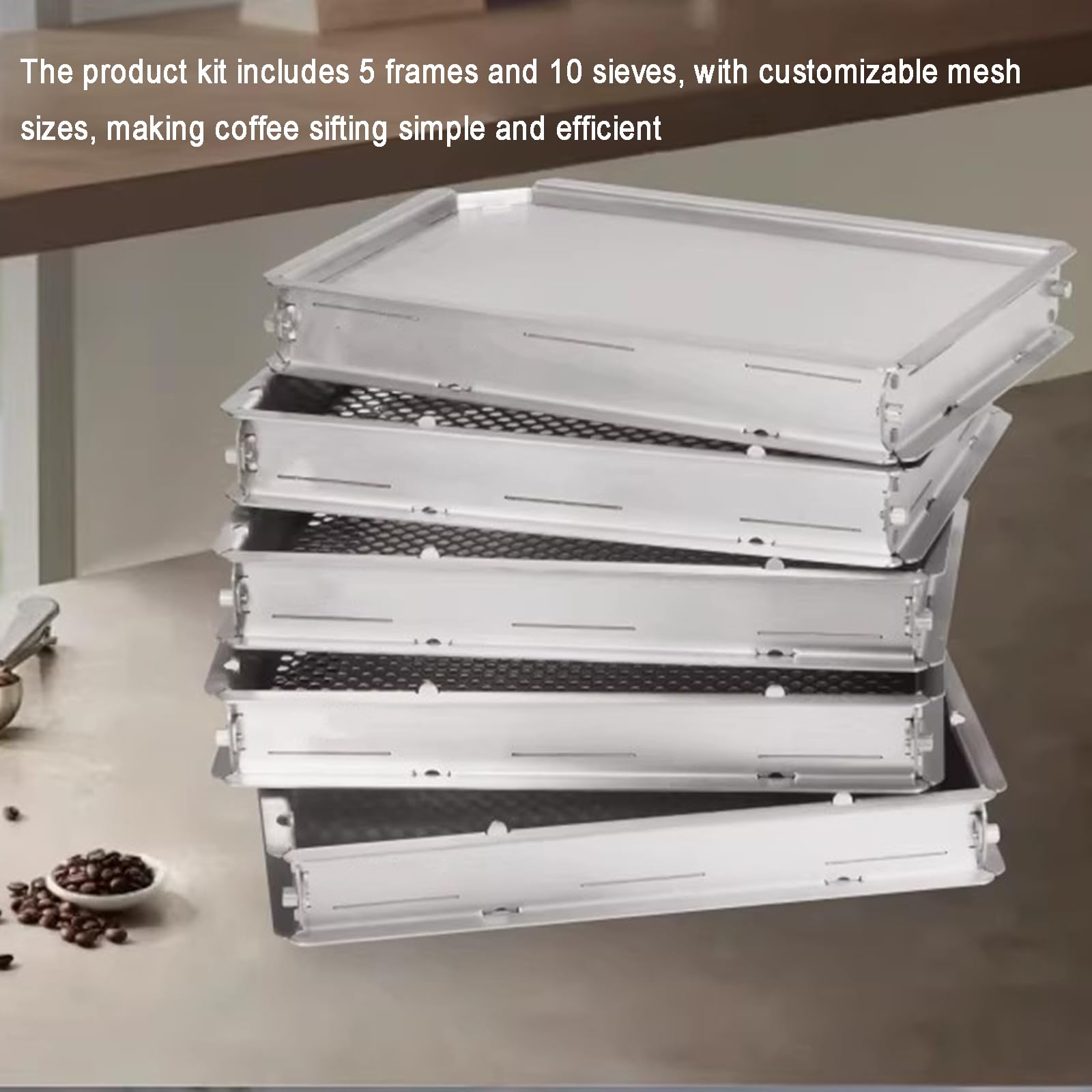 Tamiz de clasificación de granos de café, tamiz de acero inoxidable con 5 marcos y 10 pantallas desmontables para hornear con precisión y preparación de café en casa
