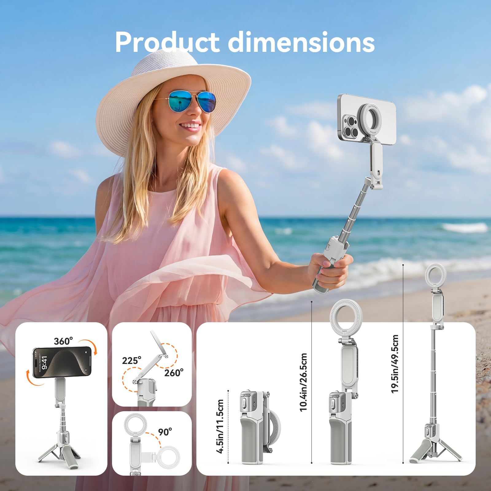 AMAZEAR Perche à Selfie magnétique trepied Smartphone - Blanc avec lumière
