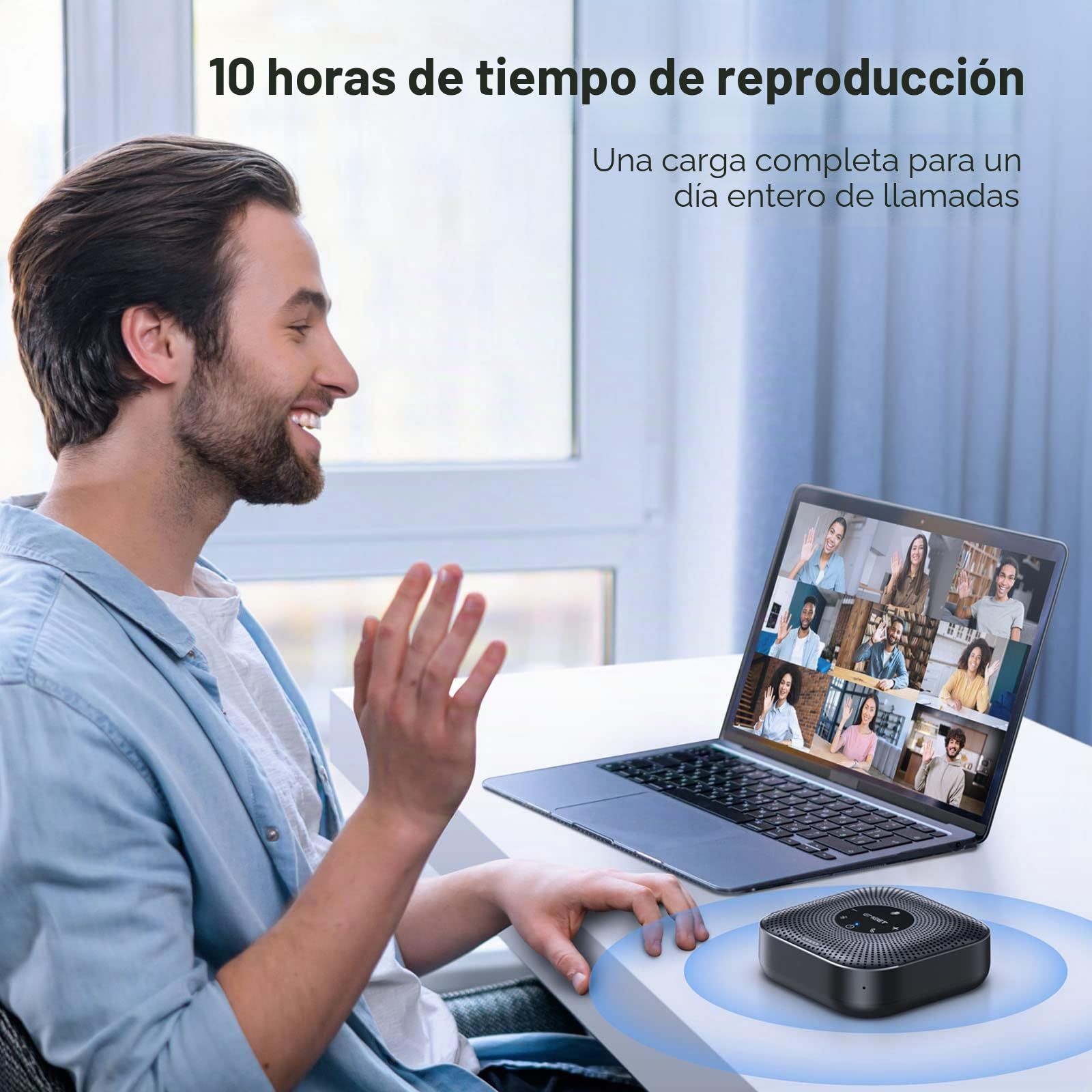 EMEET Altavoz de conferencia M0 Plus, 4 micrófonos AI 360°, reducción de ruido, altavoz USB C, altavoz de conferencia Bluetooth para 8 personas con cadena de margaritas para 16 compatible con software