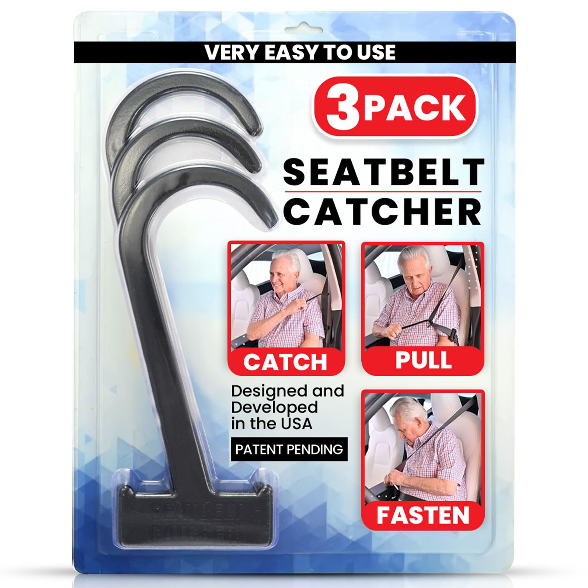 Seatbelt Catcher Seat Belt Aid Grabber - for Elderly & Disabled, Seatbelt Reacher Tool for Seniors with Back, Shoulder, or Elbow Injury, Easy Reach Mobility & Daily Living Aid, 3 Pack, Black