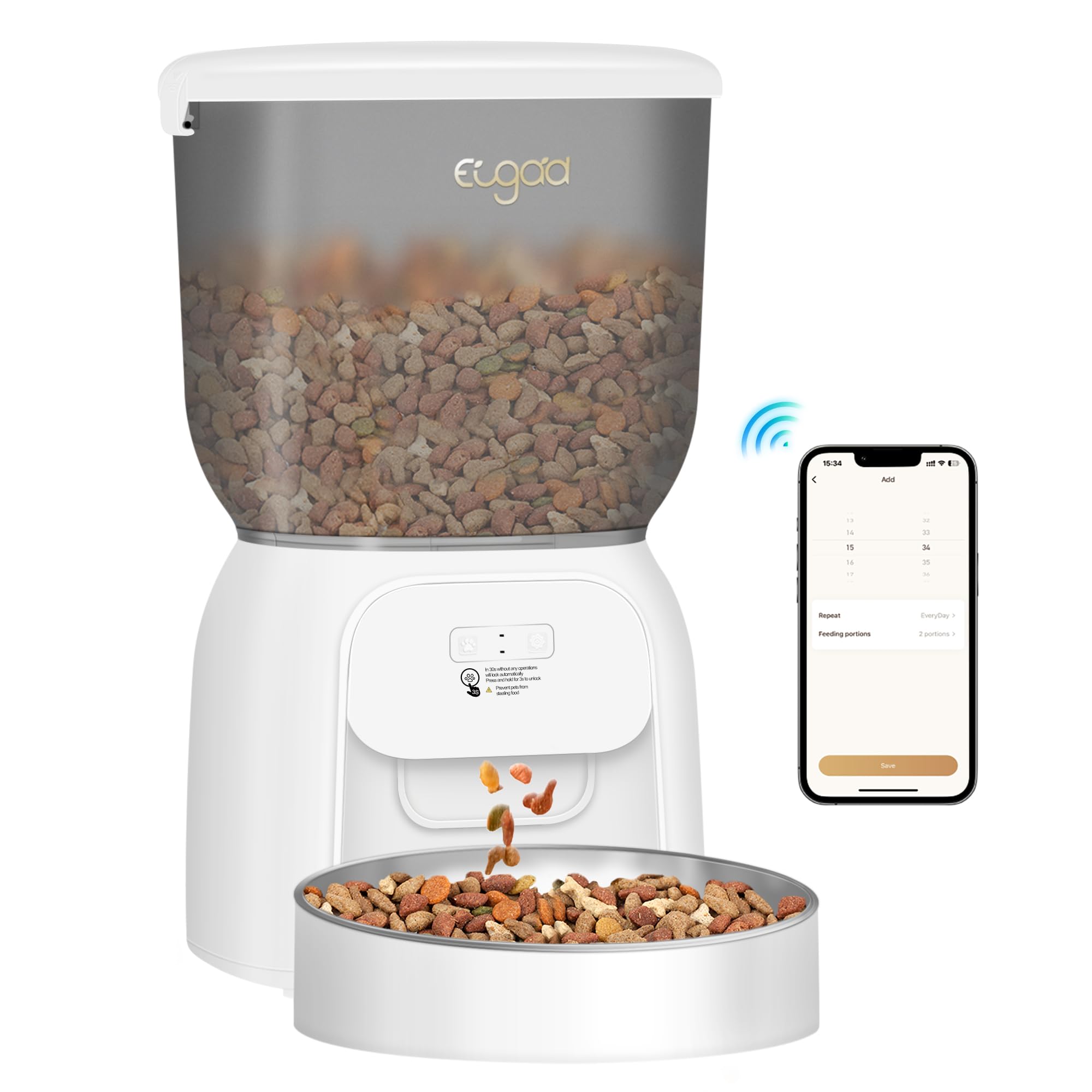 EUGAD Comedero Gato Automatico, Dispensador Comida Perros y Gatos de 4 L, Control App iOS/Android, Comedero Inteligente WiFi 2,4 GHz, Alimentador con Temporizador 1-10 Comidas al Día, Blanco+ Gris