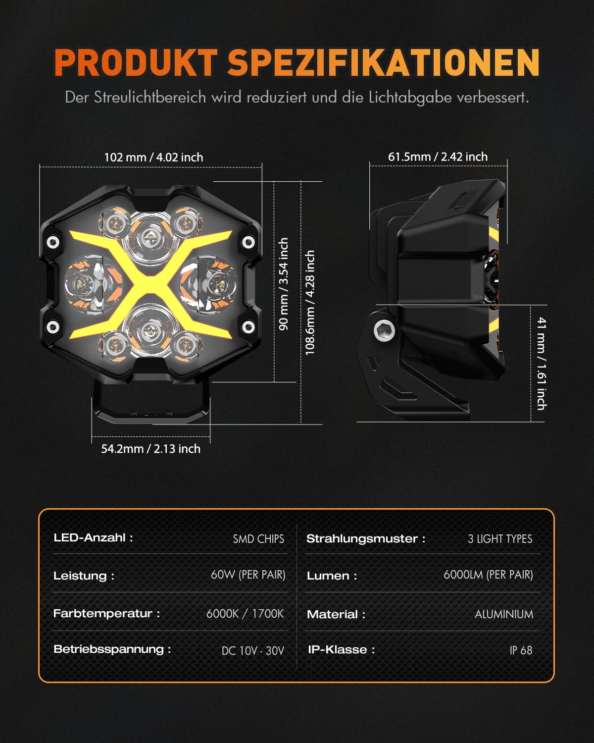 NOVSIGHT Arbeitsscheinwerfer LED 12V 24V 6000 Lumen X Series LED Offroad Scheinwerfer mit gelbem Tagfahrlicht IP68 Wasserdicht Rückfahrscheinwerfer für Auto, LKW, Jeep Traktor UTV ATV, 2 Stück