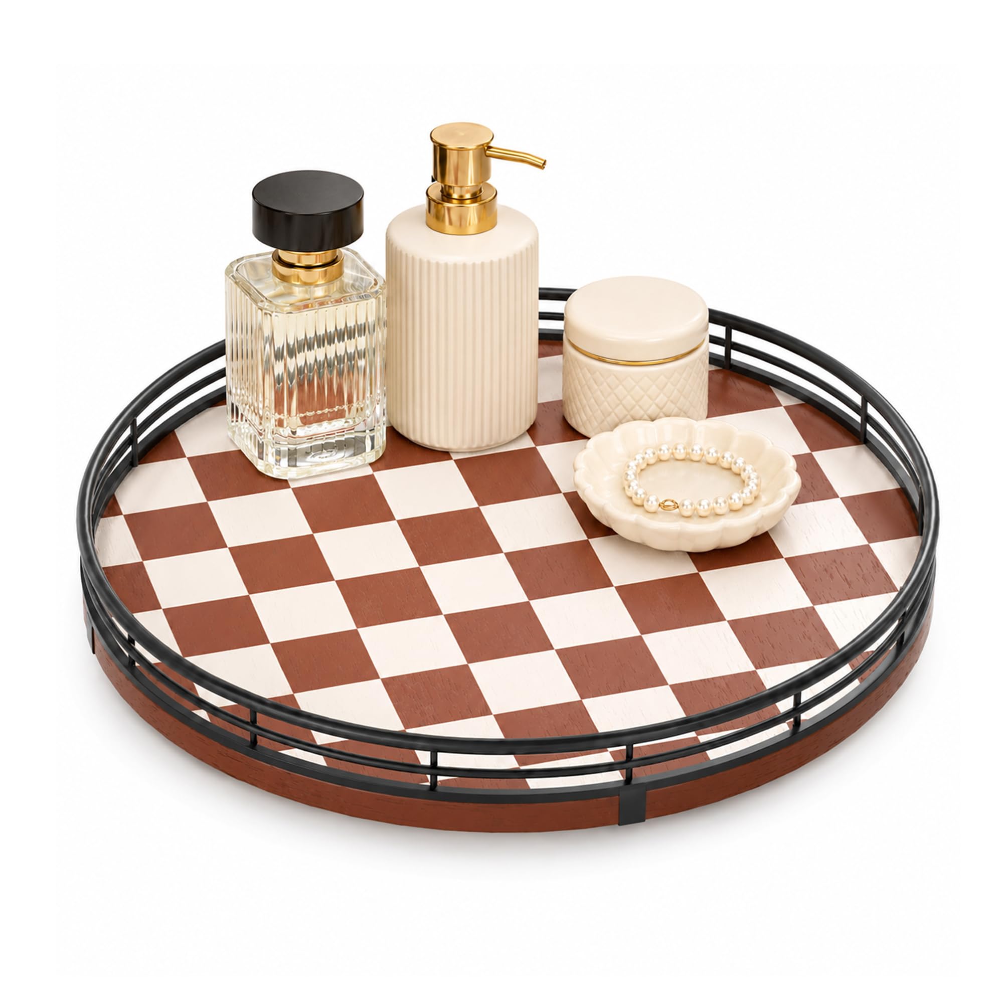 AMH 10-Inch Brown Checkerboard Lazy Susan Organizer with Black Metal Rail
