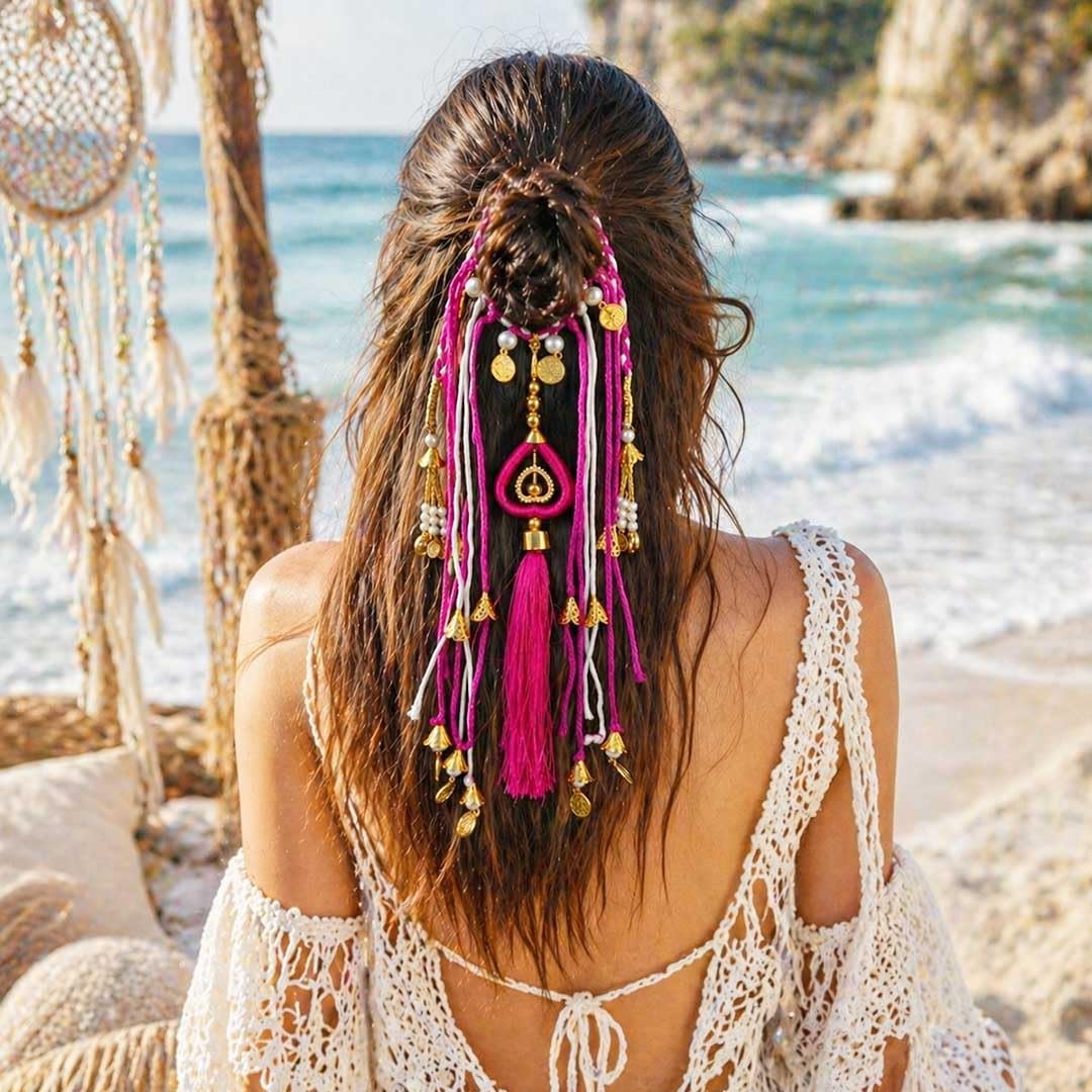 Boho Hair Tie with Thread Tassels, Braids & Coin Charms Paranda | Bridal & Festive Hair Accessory Paranda | Festival, Garba & Casual Hair Accessory Parandi (Rani)-image-45