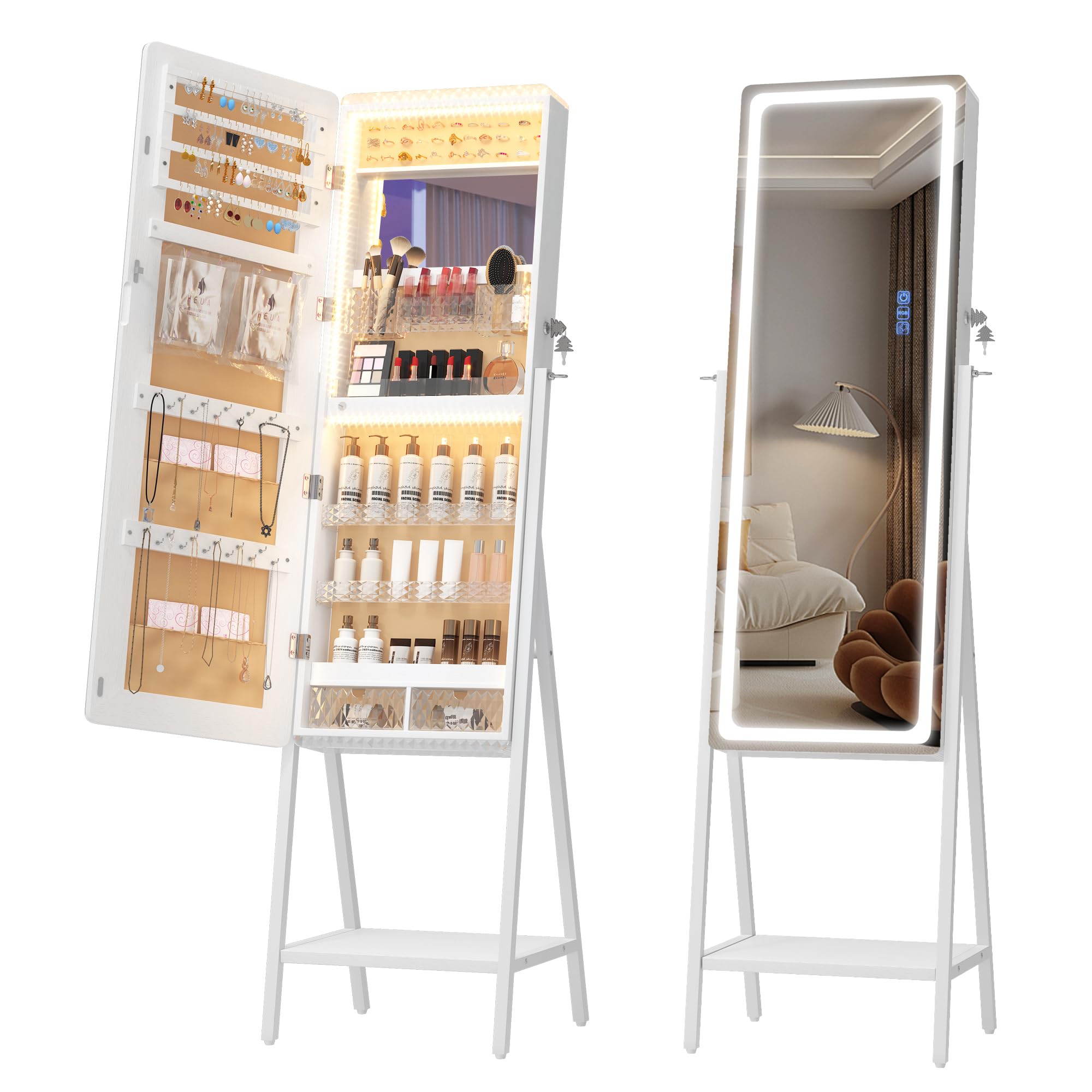 LVSOMT LED Mirror Jewelry Cabinet, Large Jewelry Armoire Cabinet Standing, Lockable Full Length Mirror with Jewelry Storage, Space-Saving Jewelry Organizer Mirror, 14 RGB Lights, White