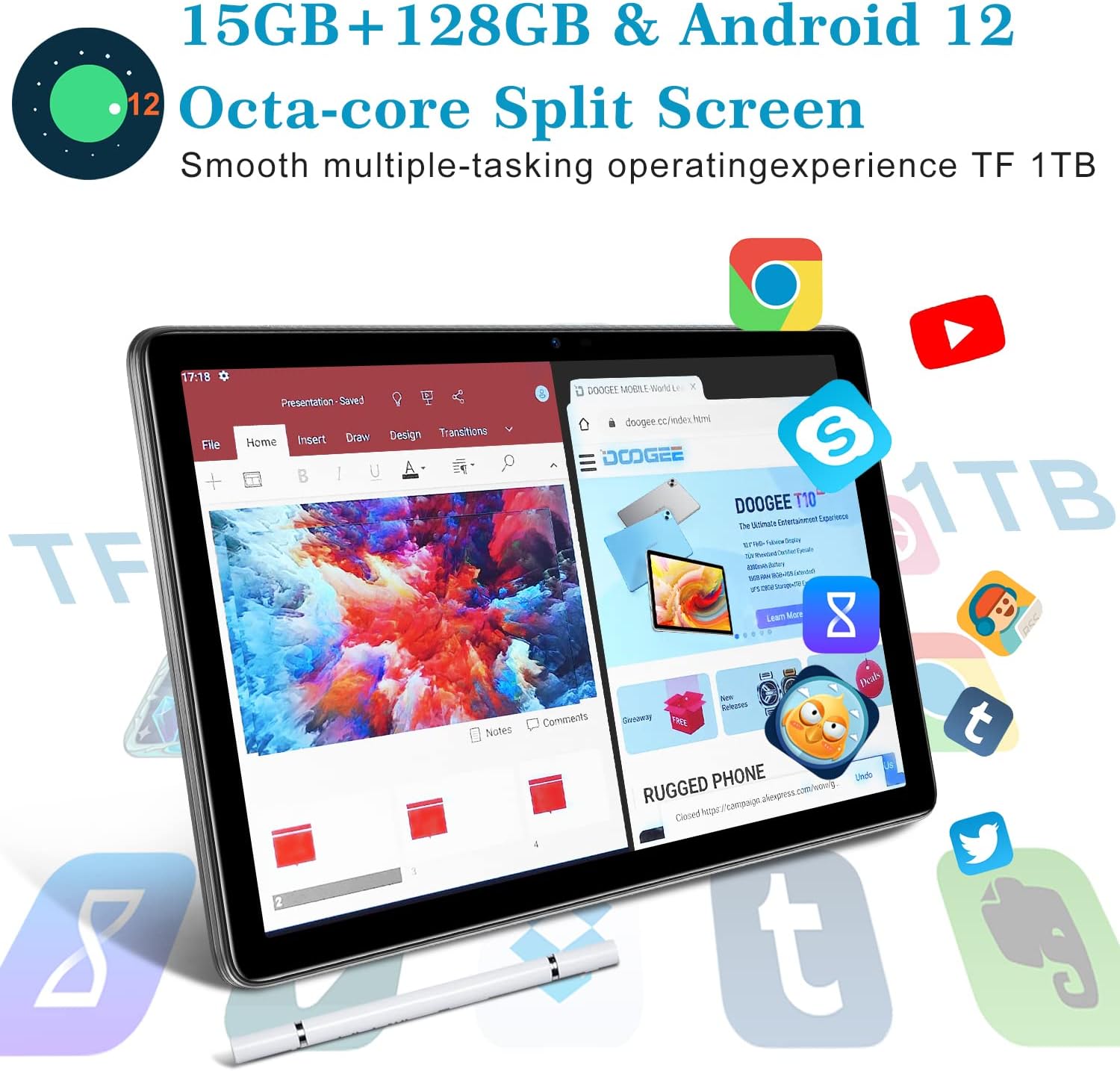 DOOGEE Tablet Android 12 T10, 15GB RAM+128GB ROM(TF 1TB), 10.1 Pollici, Octa-Core, 8300mAh, Dual 4G LTE/SIM,13MP+8MP Camera Tablet in Offerta,TÜV Rheinland Protezione Occhi, 2 Speaker/GPS/Metallo DOOGEE Tablet Android 12 T10, 15GB RAM+128GB ROM(TF 1TB), 10.1 Pollici, Octa-Core, 8300mAh, Dual 4G LTE/SIM,13MP+8MP Camera Tablet in Offerta,TÜV Rheinland Protezione Occhi, 2 Speaker/GPS/Metallo