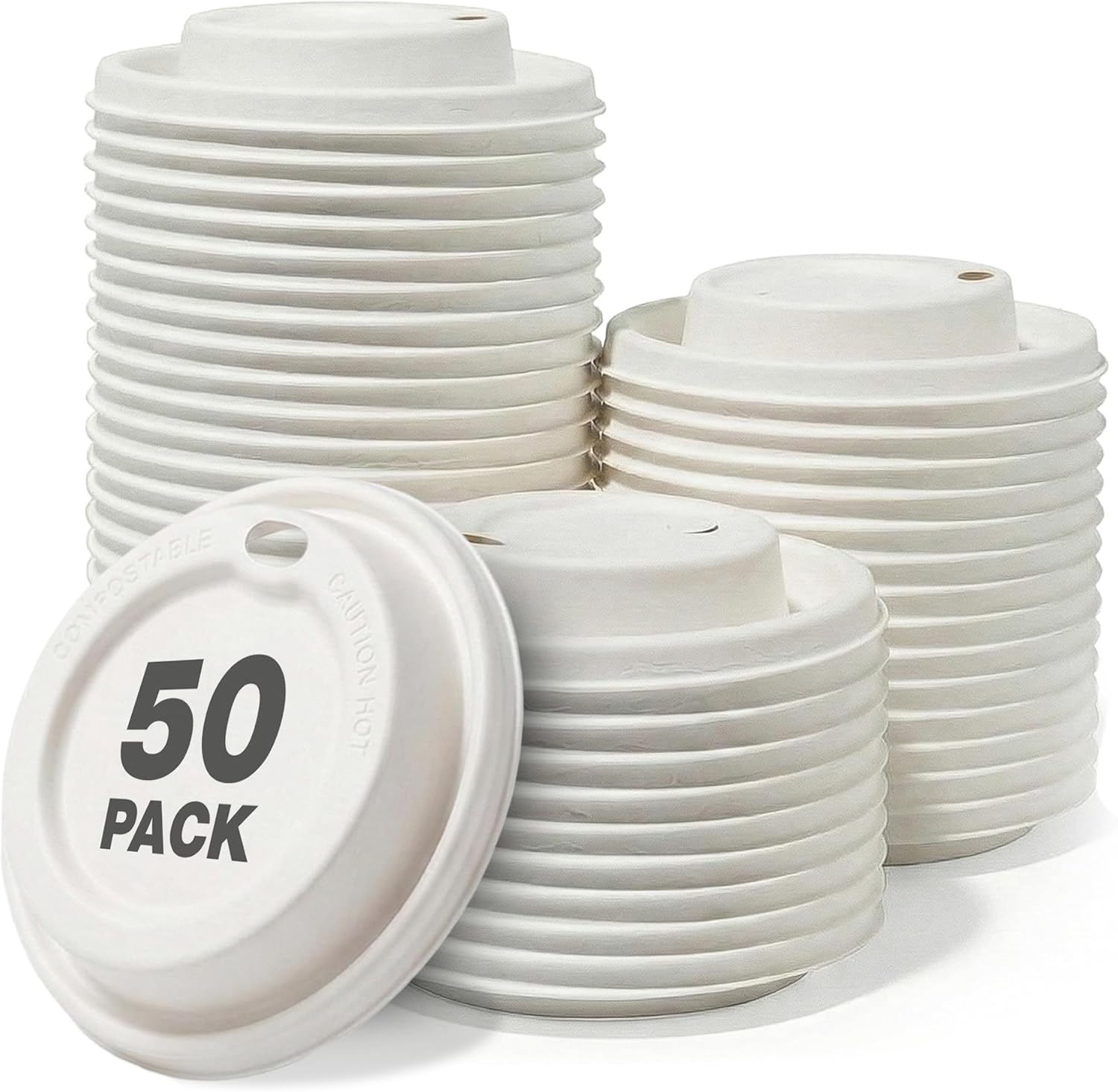 HAY! STRAWS Compostable Coffee Cup Lids 50 Pack - Bamboo Bagasse Coffee Lids for 12oz Cups - Disposable PFAS Free Plant Based Lid - Eco Friendly Biodegradable Hot Drink Lid - Leak Proof White