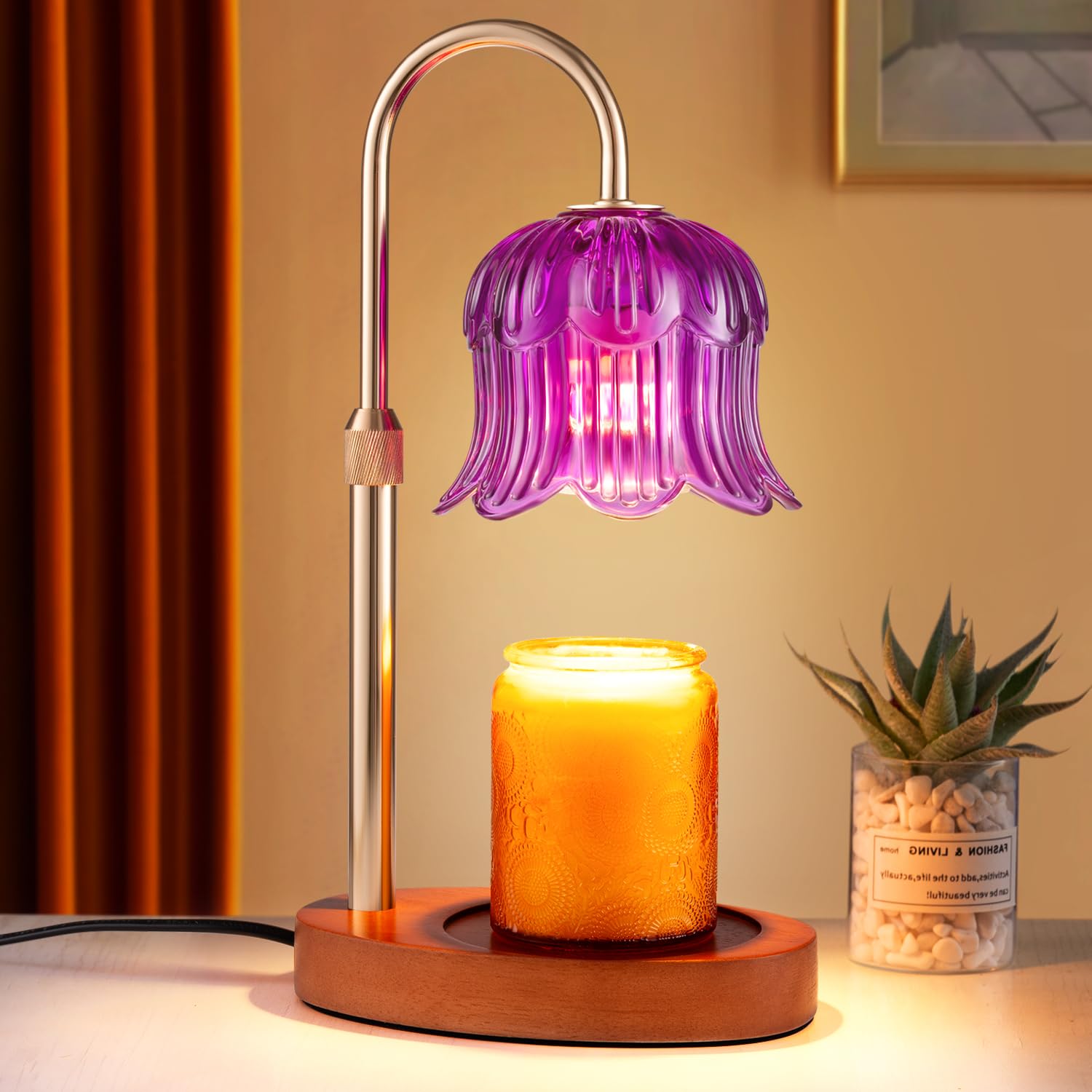 Purple Floral Glass Shade Candle Warmer Lamp with Timer 2h4h6h8h Flameless Height Adjustable for Any Candle Dimmer Brightness Control Melts Wax Faster When Brighter Ideal with 2 Bulbs