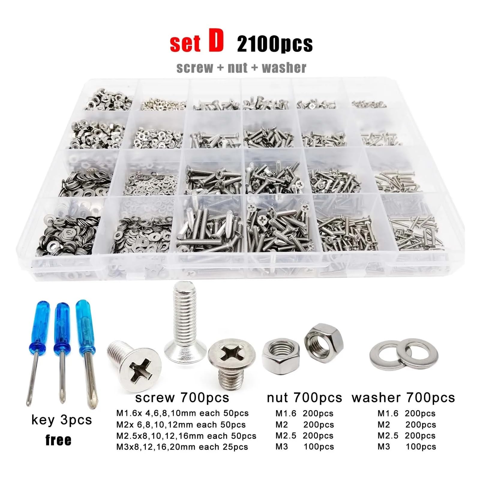 GamirA 400/2100 pièces M1.6 M2 M2.5 M3 M4 304 Acier Inoxydable Croix Plate tête fraisée vis Boulon écrou rondelle Assortiment Kit (Color : Set D 2100pcs)