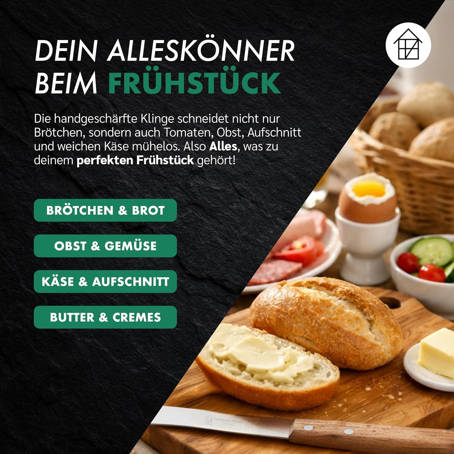 Buckelsmesser 6er-Set mit Handabzug/Glatt - Testsieger - Frühstücksmesser aus Solingen/Germany - Brötchenmesser/Brotzeitmesser Buchenholz