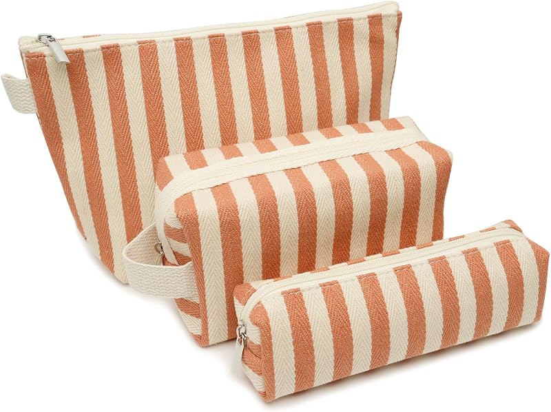 Conjunto com 3 necessaires Beayuva de lona listrada, Orange-White