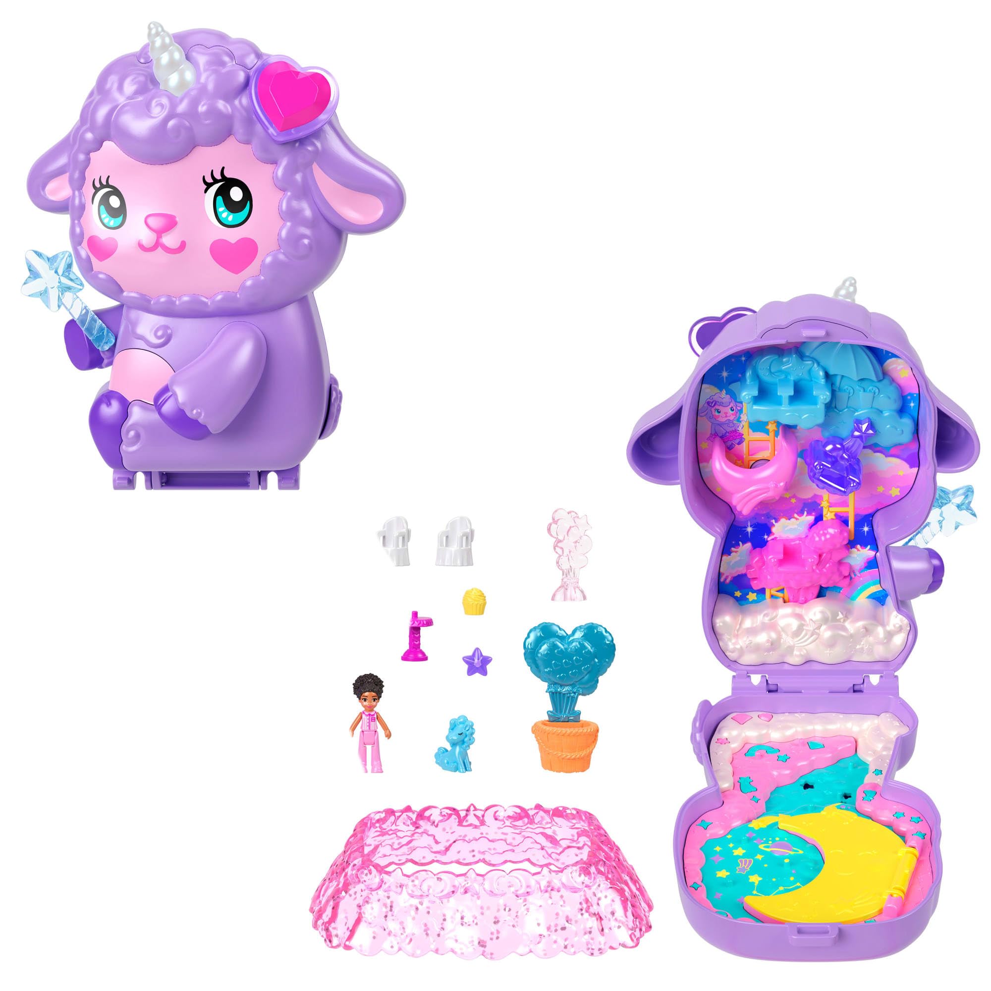Polly Pocket - Cofanetto Sogni d'Oro, set portatile a forma di agnellino con una microbambola e un unicorno, nove accessori per lo styling inclusi, giocattolo per bambini, 4+ anni, JCB15