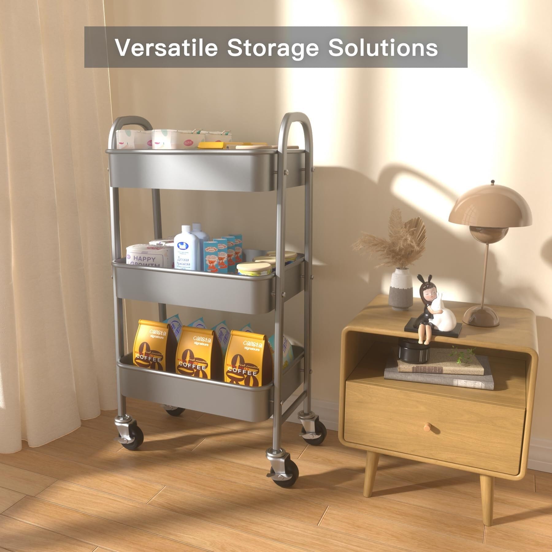 Carrello portaoggetti a 3 ripiani con ruote, in metallo resistente, per cucina, bagno, ufficio e salone di bellezza, salvaspazio, grigio