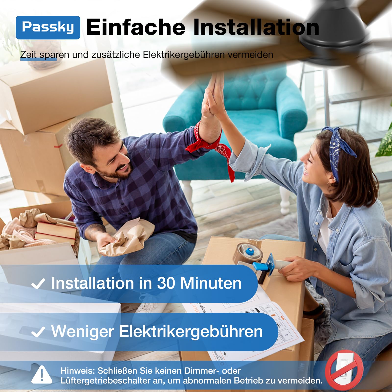 Passky 107cm Deckenventilator mit Beleuchtung & Fernbedienung, leiser DC-Motor, 6 Geschwindigkeiten, Dimmbare LED-Leuchte, 3 Farbtemperaturen Schwarz