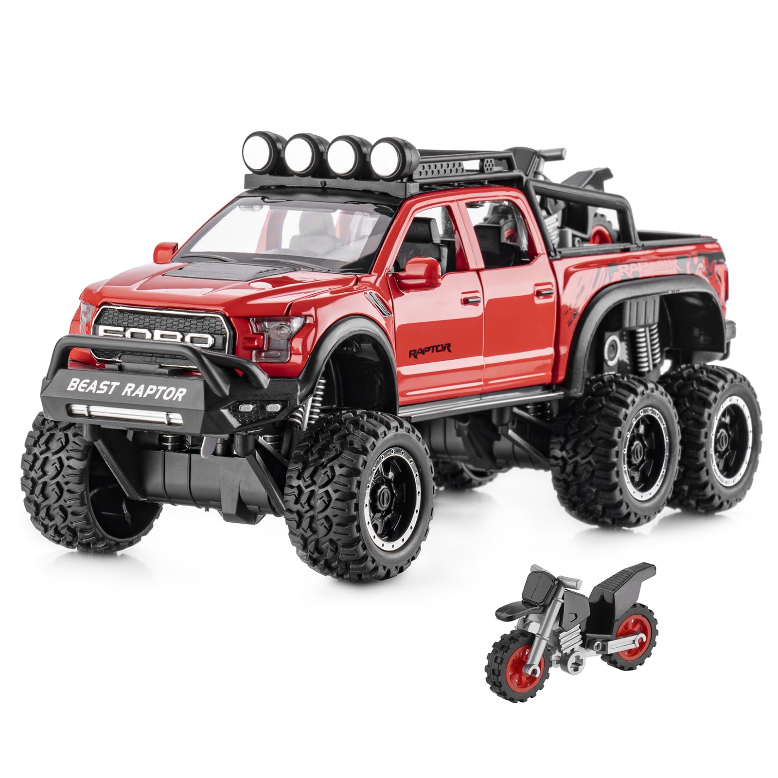 SASBSC Toy Pickup Trucks for Boys F150 Raptor DieCast Metal Model Car with Sound and Light for Kids Age 3 Year and up RED